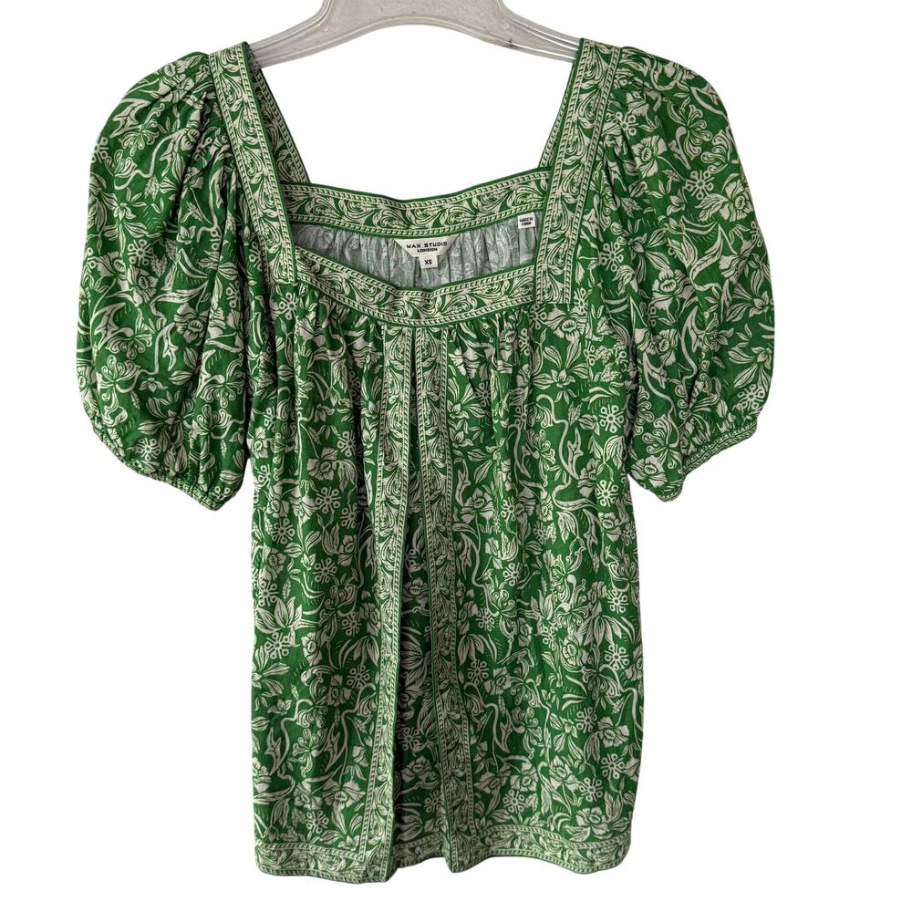 Max Studio green and white floral print blouse features balloon sleeves size XS - Picture 2 of 10